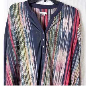 Cato Tunic Blouse Women XL Navy Red Multi Abstract Stripe Split Neck Long Slv
